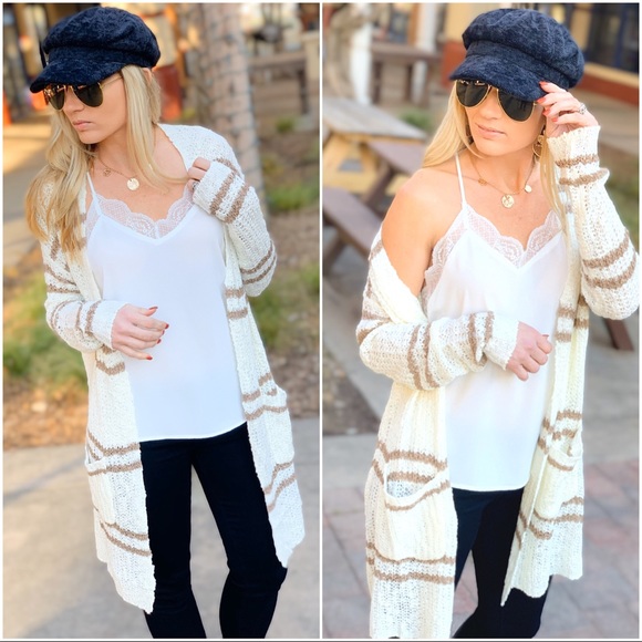 Cream and Taupe double stripe long cardigan - Picture 5 of 6